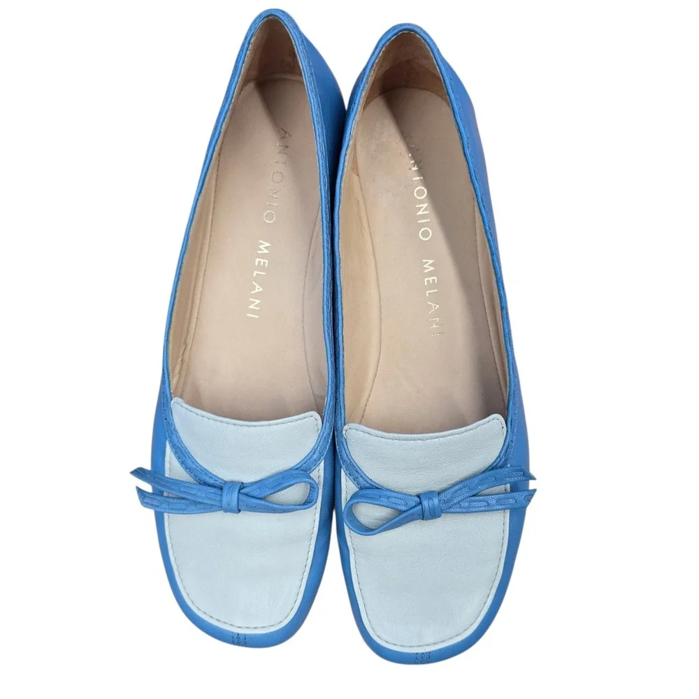 Antonio Melani Womens Blue White Leather Square Toe Bow Loafer Flats 8M